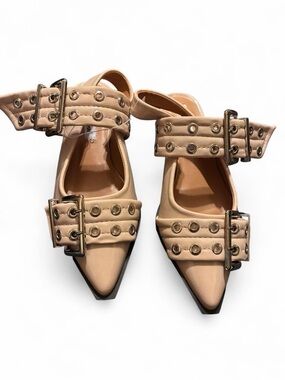 Forever Link Beige Pointed-Toe Flats with Double Buckle Straps